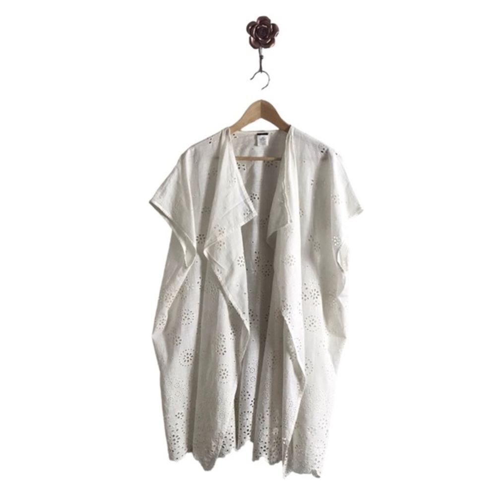 J Crew White Organic Cotton Open‎ Oversized Beach Eyelet Scalloped Poncho